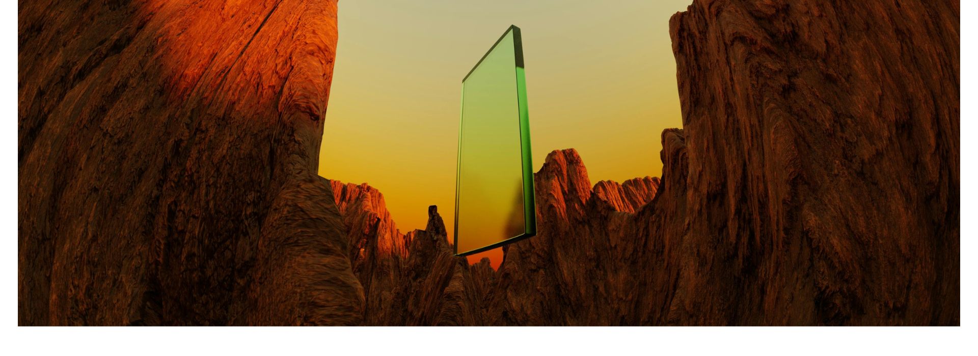 A glass panel hanging in mid-air against a desert landscape at sunset, blending office elements with natural surroundings.